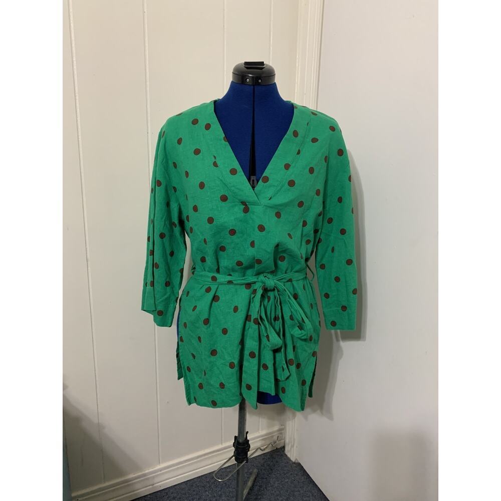 Zara Green Polka Dot Linen Belted Tunic Top XL 3/4 sleeve Work Coastal Resort